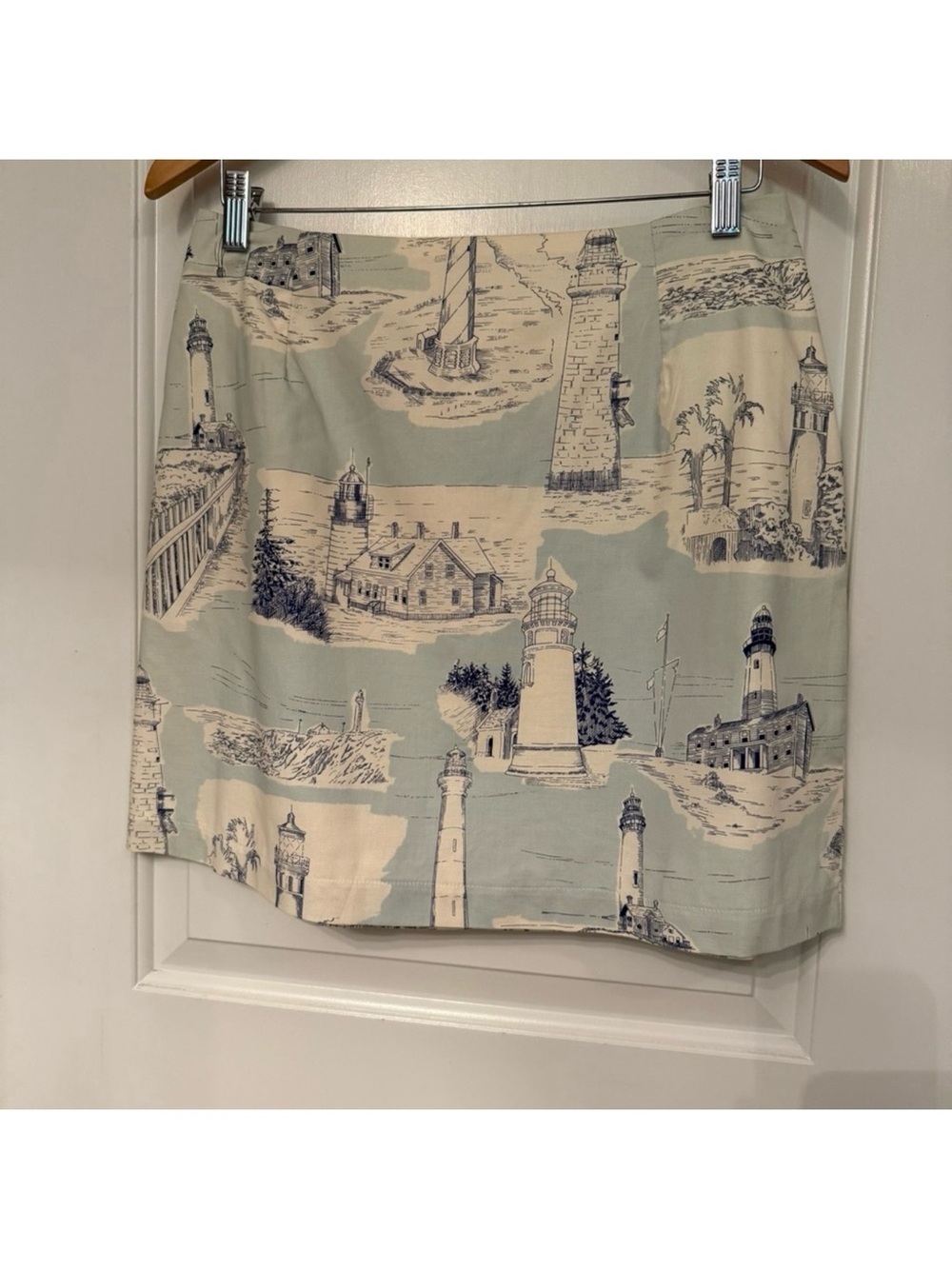 LOVE LIFE FELICE PAPPAS NEW SKIRT MINI BLUE WHITE LIGHTHOUSE PRINT SIZE L